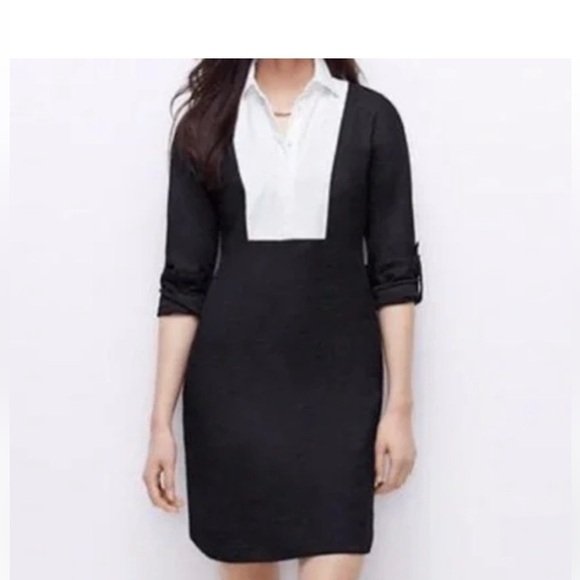 Ann Taylor MIDI Dress Black & White Adjustable Long Sleeve Shirt  Bib Collar XS - Picture 5 of 12